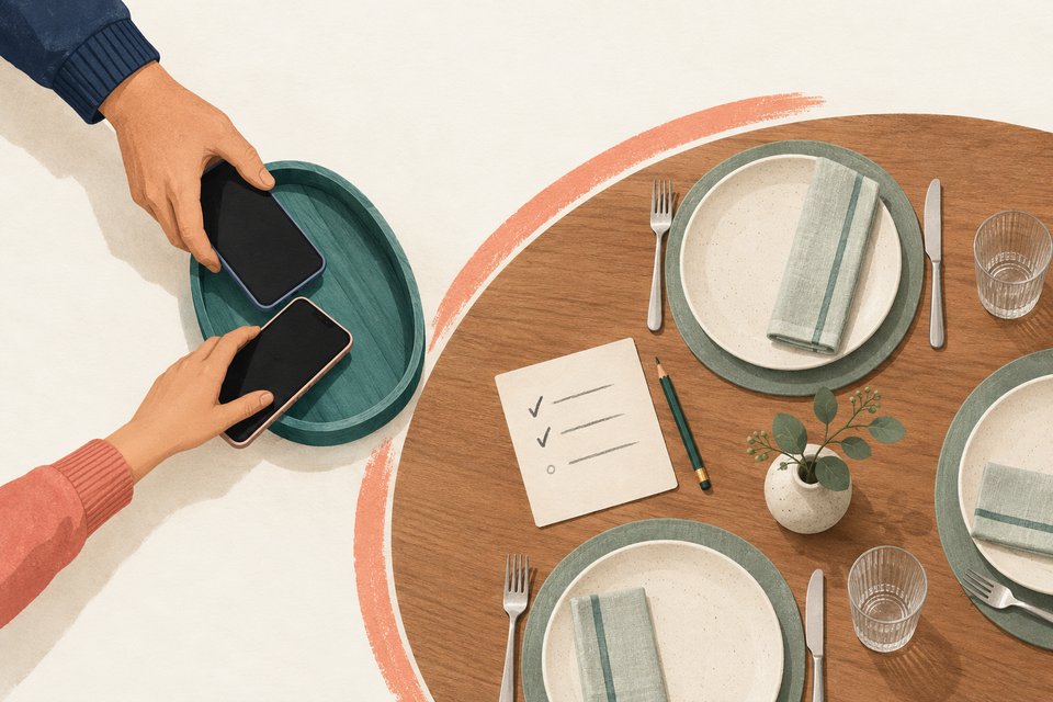 Una mano adulta y otra más joven dejan sus teléfonos en la misma bandeja, junto a una mesa preparada para compartir la comida y una hoja con el acuerdo.