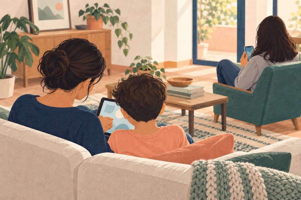Una mamá y su hijo miran una tableta en el sofá; al fondo, una adolescente sostiene un celular. Las tres personas están de espaldas.