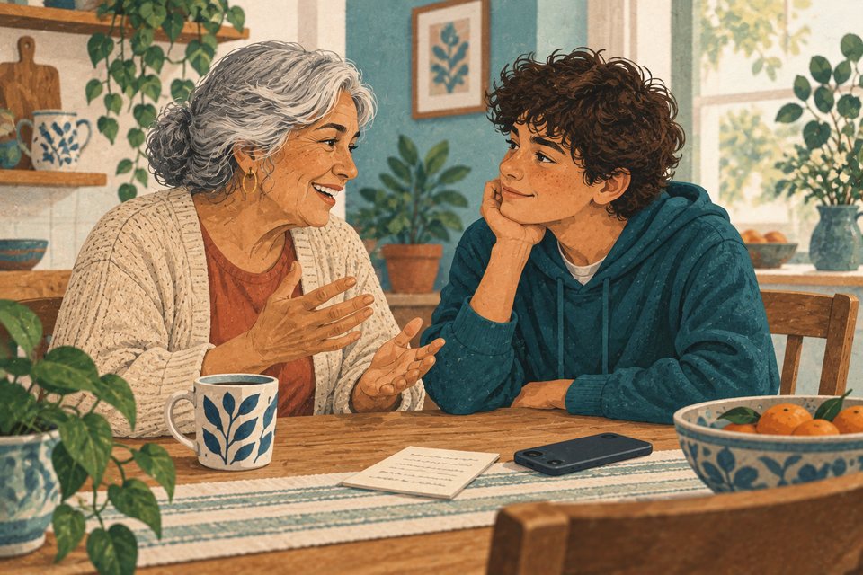 Ilustración de una abuela que comparte una historia con su nieto en la mesa.