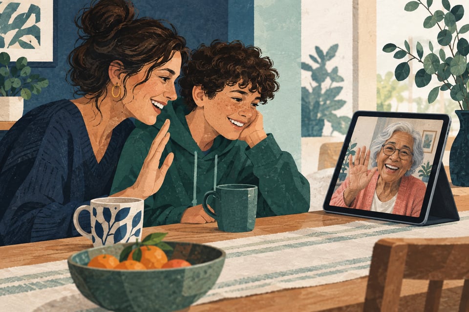 Una abuela conversa a distancia por videollamada con su familia.