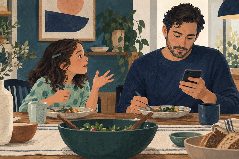 Ilustración de un teléfono que interrumpe un momento en familia.