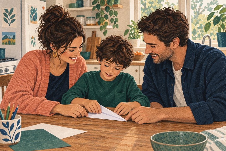 Ilustración de una familia compartiendo una actividad con papel.