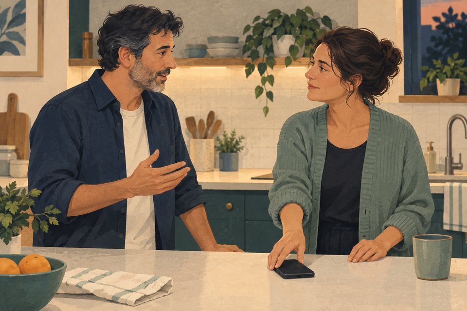 Una mujer deja un teléfono sobre la encimera y mira a un hombre que le habla con una mano levantada en una cocina.